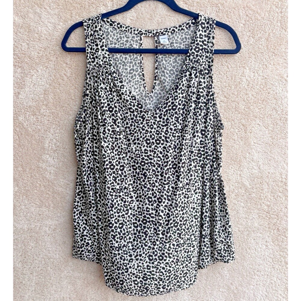 Old Navy Womens Sz XL Animal Print Black White Sleeveless V-Neck Rayon Top